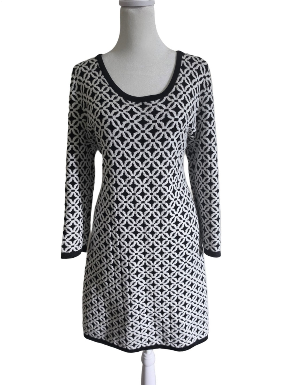 MICHAEL Michael Kors Black and White Geometric Long Sleeve Knit Dress Size XL